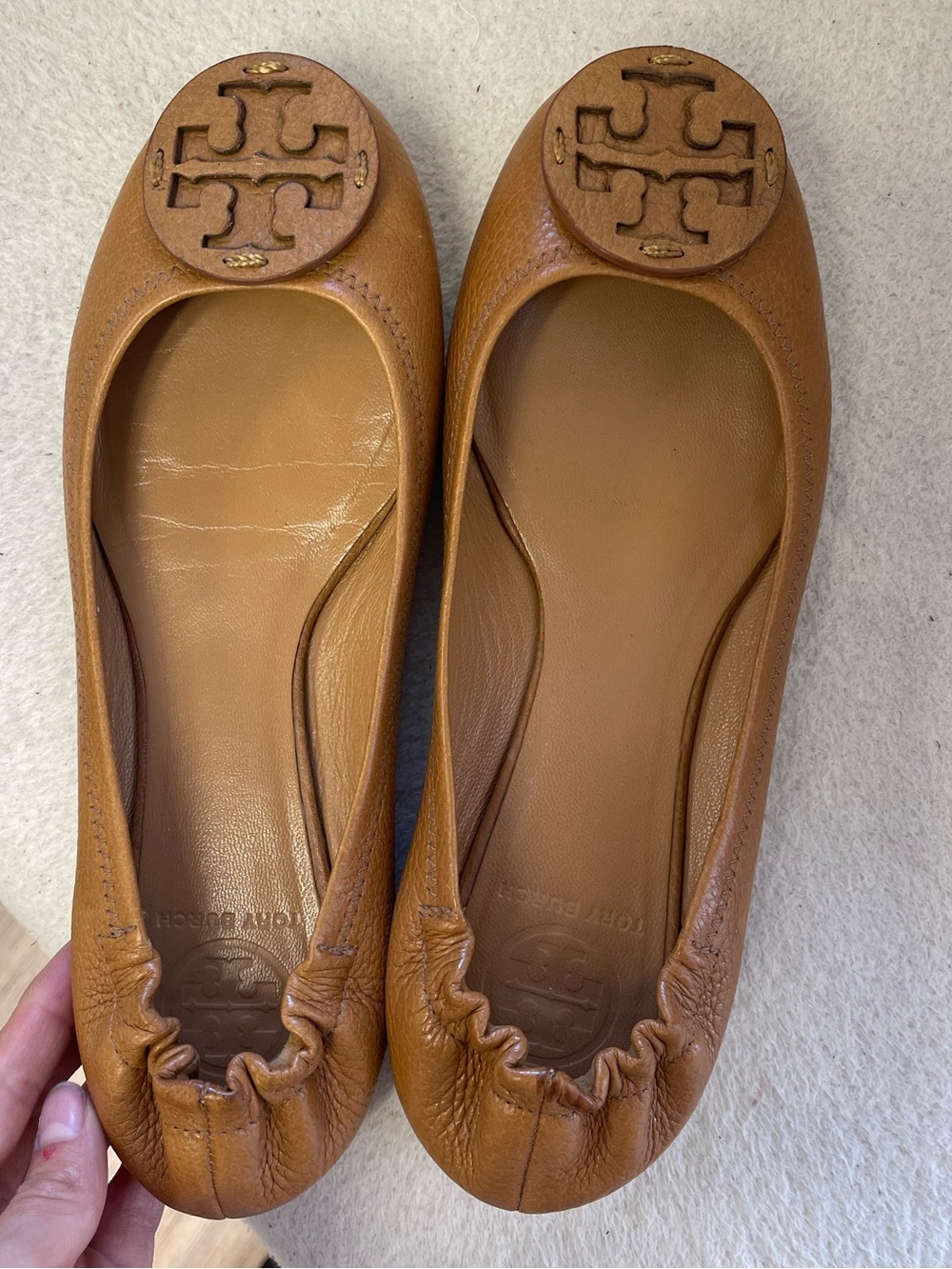 Tory Burch Cognac Leather Logo Ballet Flats
